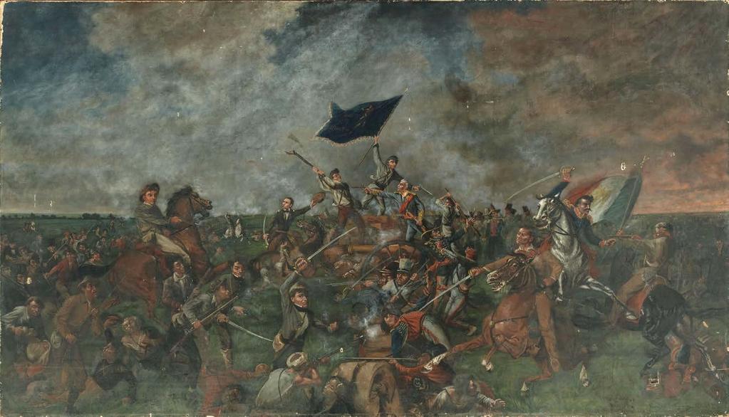 More than 600 Mexican soldiers died. Hundreds of Mexican soldiers were wounded or captured. This painting is a smaller alternate version to The Battle of San Jacinto.