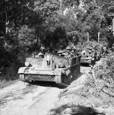 Left: Carriers of 2nd Recce Regiment patrol between Kalewa and Shwebo in 1945.
