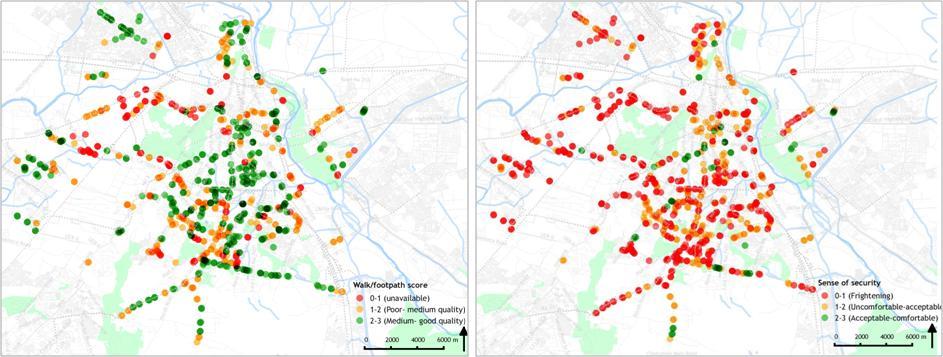 Figure 14: Map showing safety audit at 876 bus stops to rate quality footpath (L) and sense of security (R). Figure 15.