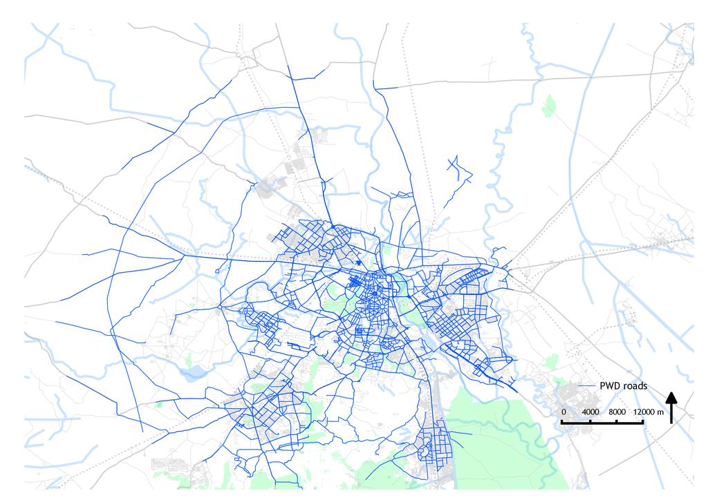 Figure 22. Map showing existing PWD roads (blue colour). Majority of the cycle sharing stations are on this network.