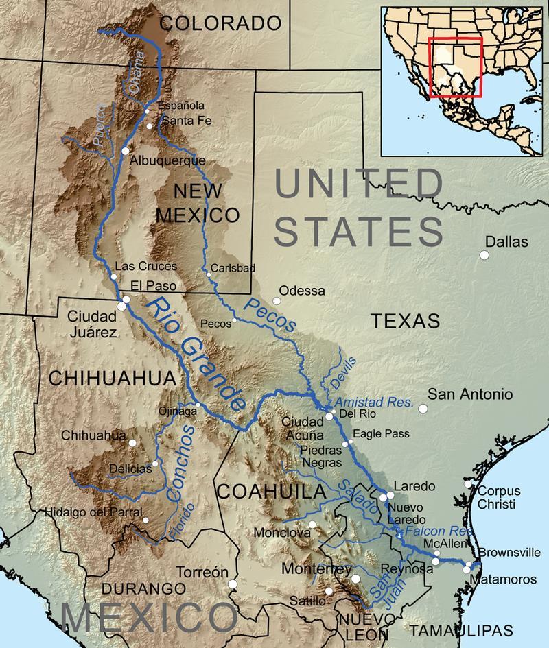 Rio Grande o Begins in the San Juan Mountains and flows southeast toward Monte Vista and Alamosa in