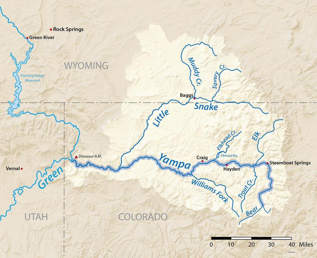Yampa o Begins on the White River Plateau in northwestern Colorado flowing north