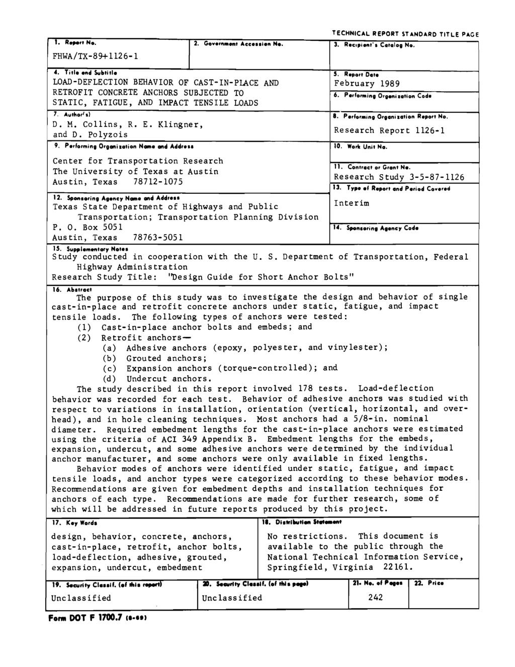 1. R.,.n No. FHWA/TX-89+1126-1 TECHNCAL REPORT STANDARD TTLE PAGE 3. Recopiel'lt' Cotoloe No. 4.