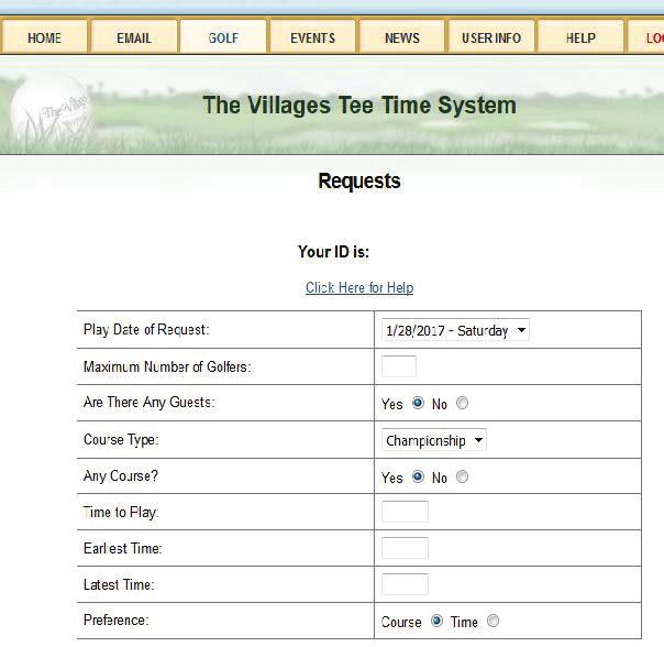 REQUESTS & TEMPLATES Hint: By entering a wider window of play, you have a better chance of getting a tee time. Preference. Click either Course or Time.