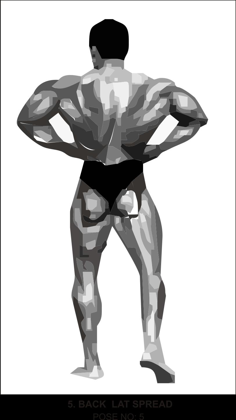 5. Back Lat Spread (see figure below) Standing with his back to the judges, the competitor will place his hands on his waist with his elbows kept wide, one foot back and resting on the toes.