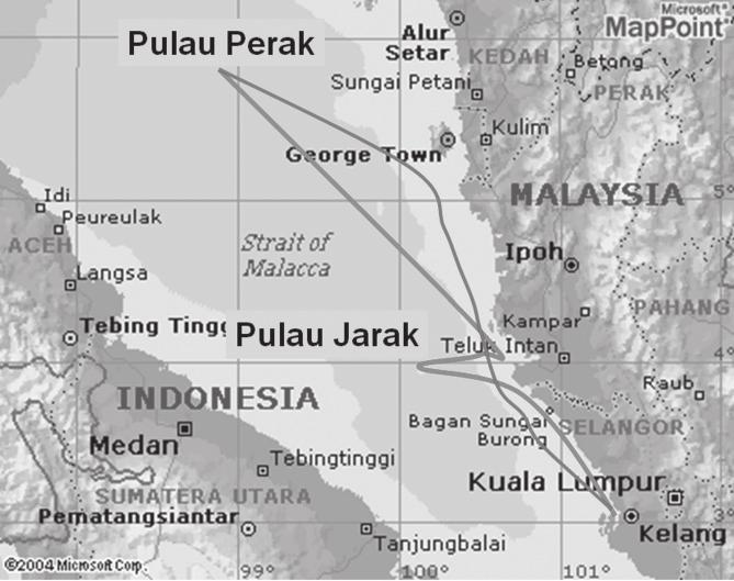 Figure 1: Map to show the island locations. islands were Pulau Perak, Pulau Jarak and Pulau Lalang and Pulau Rumbia of the Sembilan islands.