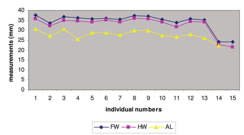 Figure 4: Line graphs for all three morphometric measurements of abdominal lengths (AL), hind- (HW) and fore wings (FW) made on the representative individuals from Pulau Lalang Figure 5: The Box and