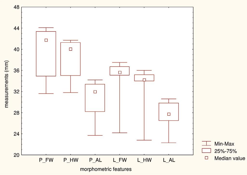 The abbreviations for specimens: P_FW = Pulau Perak fore-wing measurements, P_HW = Pulau Perak hind-wing measurements; P_AL = Pulau Perak abdominal length measurements; L-FW = Pulau Lalang fore-wing