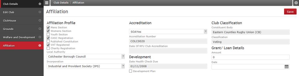 6. Club Admin Affiliation The Affiliation tab displays details about the clubs status.