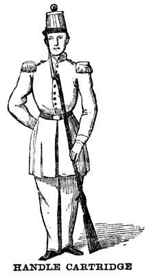 front, the butt passing between the breast and the right forearm ; place the muzzle upon the left toe, the barrel to the right, the left hand slipping up the stock, the back to the left.