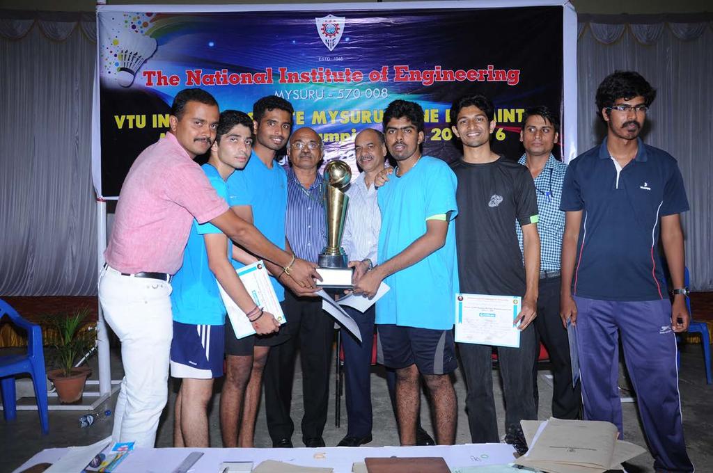 Results of Men Section Finals SJCE, Mysuru beat NIE, Mysuru by 3-1 Vtu mys 2015-16 winners men SJCE: SJCE Men team receiving VTU Inter Collegiate Mysore Zone Winners Trophy along team Manager Sri.