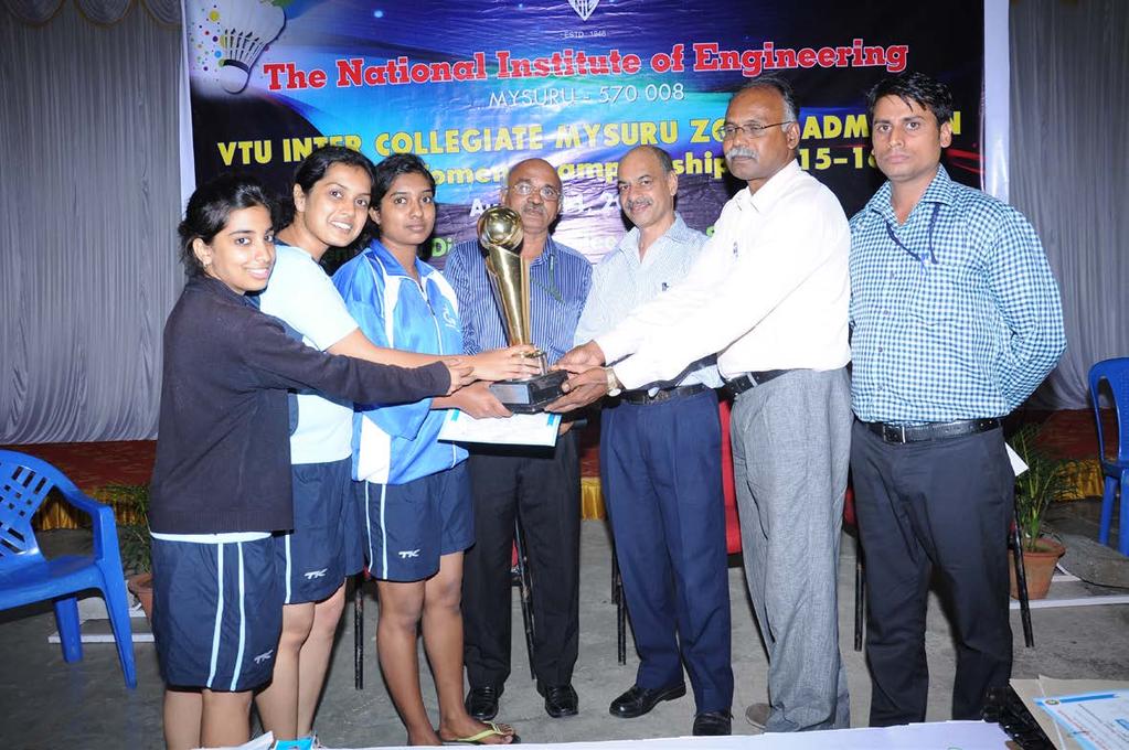 Vtu mys 2015-16 women Runners : VVCE Women team along with the team manager Sri.Puttaswamy Gowda receiving the Runners-Up trophy from left to right: Sri.