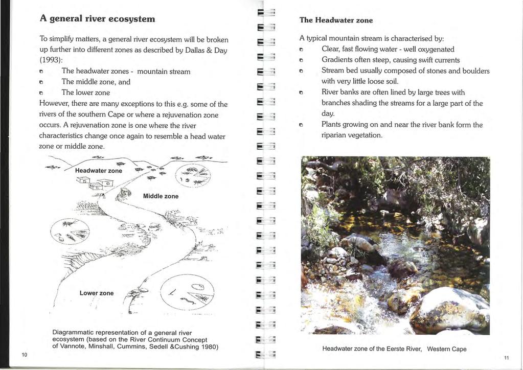 A general river ecosystem To simplify matters, a general river ecosystem will be broken up further into different zones as described by Dallas & Day (1993) : rl rl The headwater zones - mountain