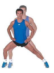 Inhale, slowly pulling your heel to your buttock while gradually pushing your pelvis forward. 4. Aim to keep both knees together, having a slight bend in the supporting leg. Easy Side Lunge 1.