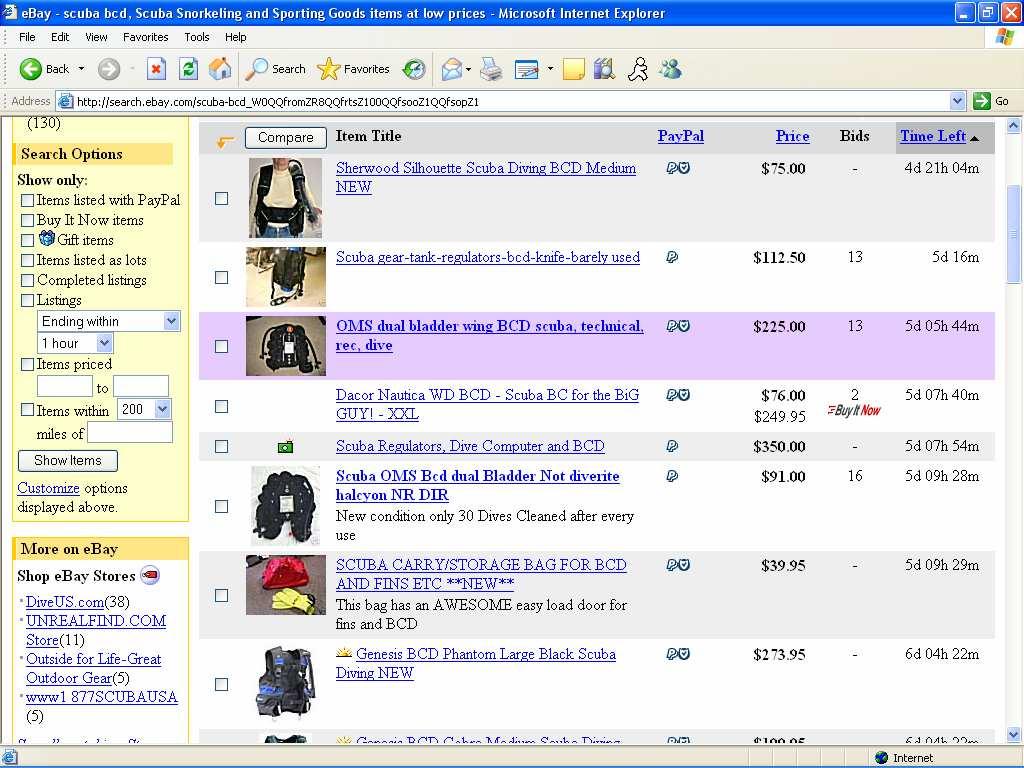 Example of doing a search on scuba bcd on ebay, this was one of three pages of BCD entries. There were also 6 pages of scuba regulators, 3 pages of dive computers and 2 pages of scuba wet suits.