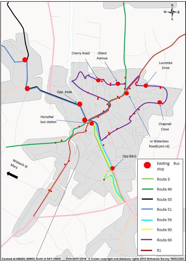 Fig.4 Existing bus routes Wisbech Town area Route data
