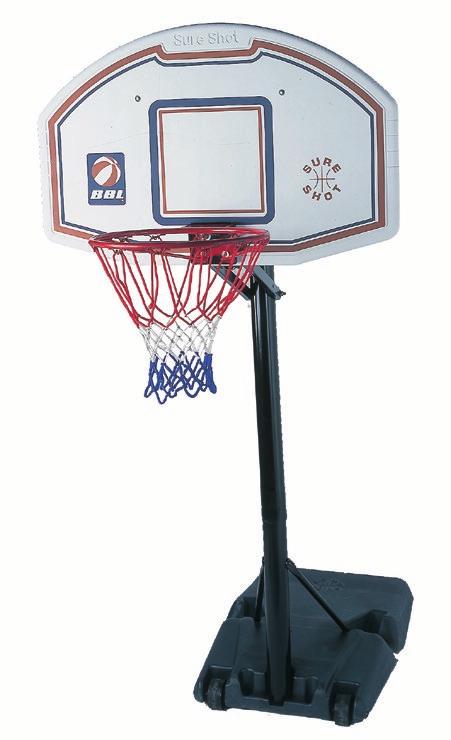 backboard (00mm x 70mm) Heavy-duty pole, ring and net Rolls on two wheels for easy movement Requires dry sand or water for ballast (not supplied) Approved by England Basketball, BBL, Basketball
