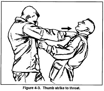 FM 21-150 Chptr 4 Medium-Range Combatives (3) Thumb strike to shoulder joint. The opponent rushes the defender and tries to grab him.