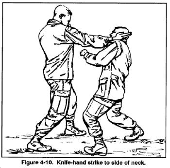 the same way as the hammer-fist strike (Figure 4-6) except he uses the edge of his striking