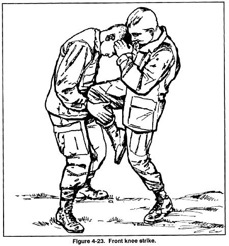 FM 21-150 Chptr 4 Medium-Range Combatives his opponent in the stomach or solar plexus with his knee (Figure 4-23). This stuns the opponent and the defender can follow up with another technique.