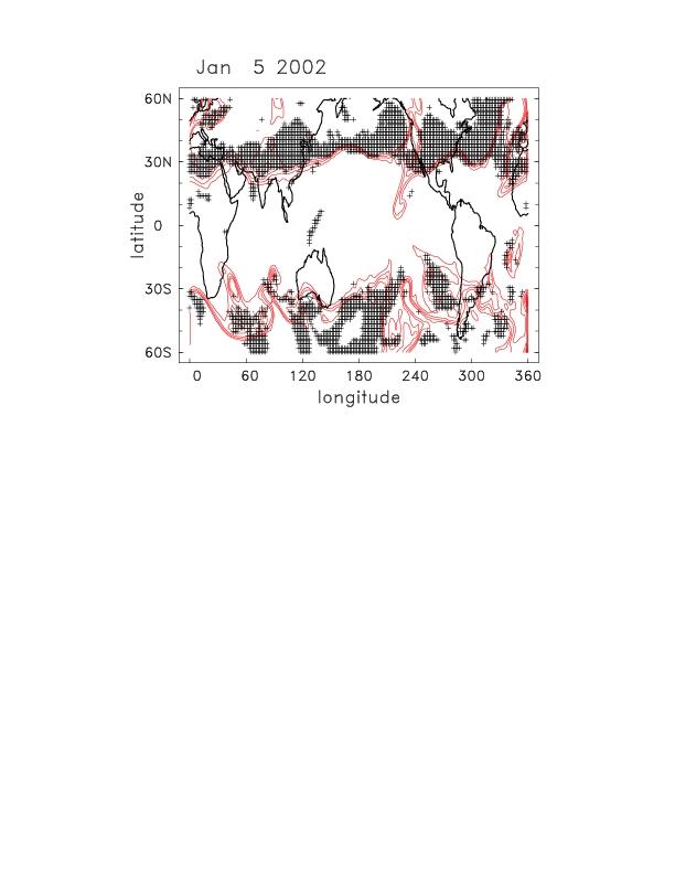 Figure 2. (a) Locations of double tropopause occurrences (plus signs) derived from gridded ERA40 temperature data for January 5, 2002.