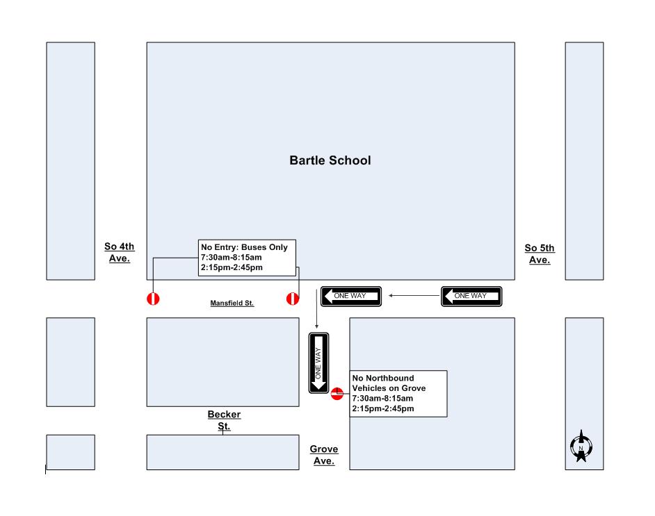 Figure 3 - Bartle School drop off/pickup diagram, courtesy Bartle Elementary School Highland Park Middle School: Students who are bused are loaded and unloaded in the circular driveway at the front
