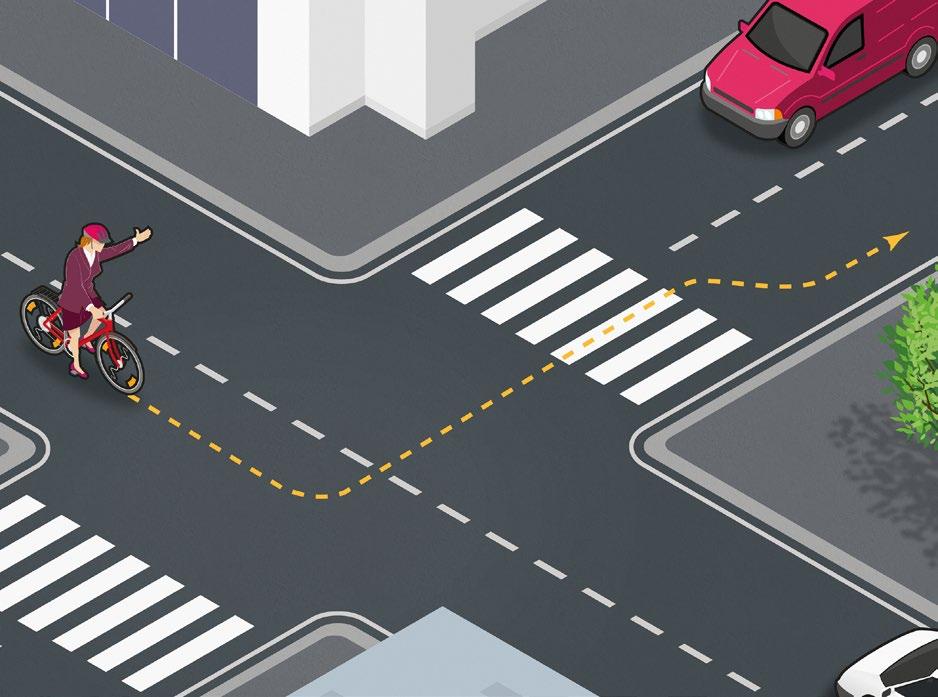 Be careful when turning left Taking a left turn when cycling on the road requires vigilance. A left turn can be made by getting into the appropriate lane, or as a 90-degree turn.