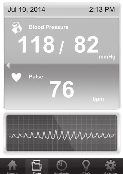 5. After the measurement, the app screen displays the systolic pressure, diastolic pressure and pulse rate. 6.