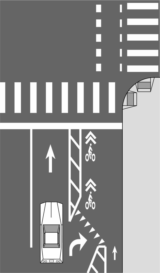 Intersection design is critical since it is not possible to maintain physical separation between bicycles and vehicles where cross-street traffic and turning movements must cross the bicycle lane.