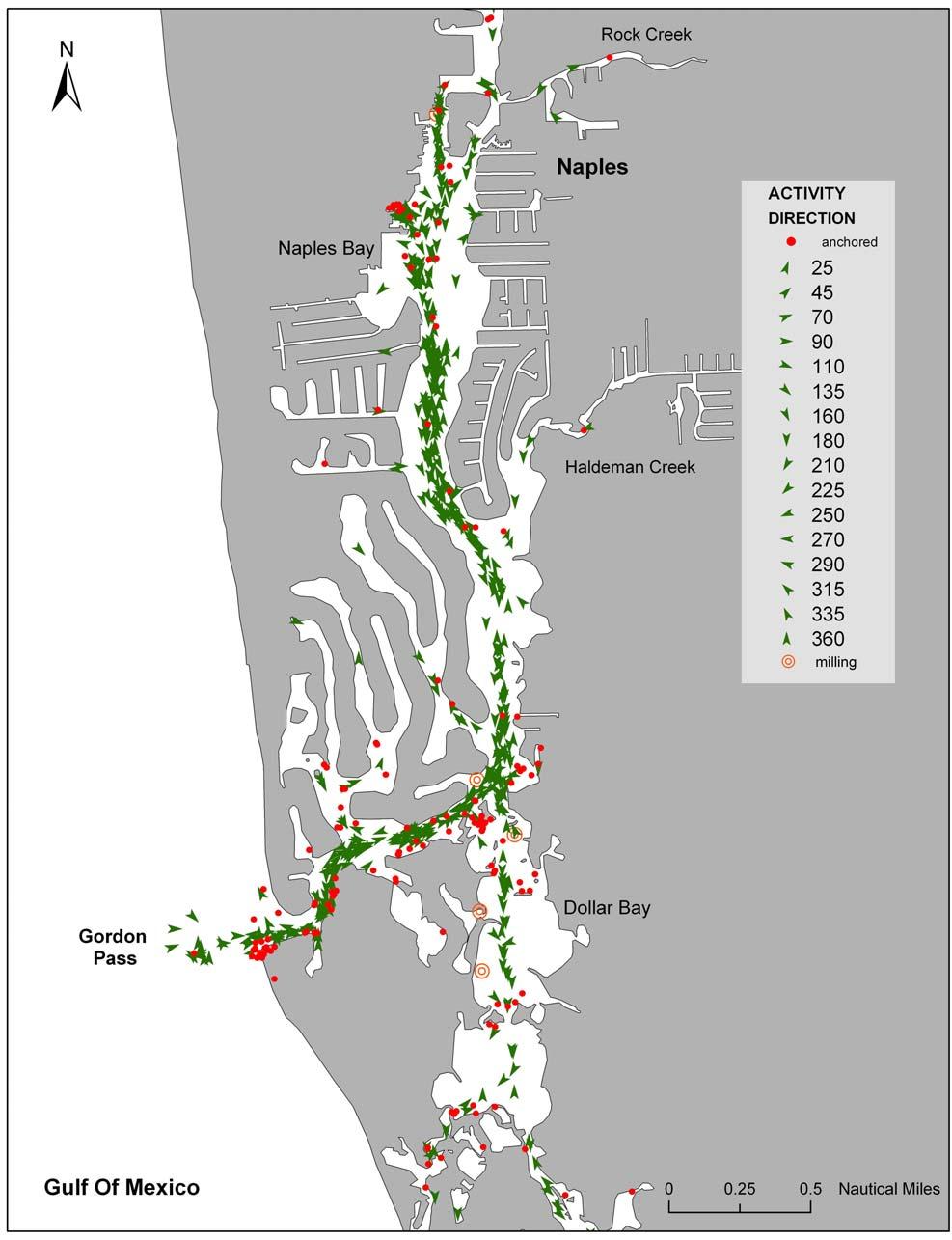 Figure 7. Distribution of moving and stationary vessels near Naples Bay and Gordon Pass.