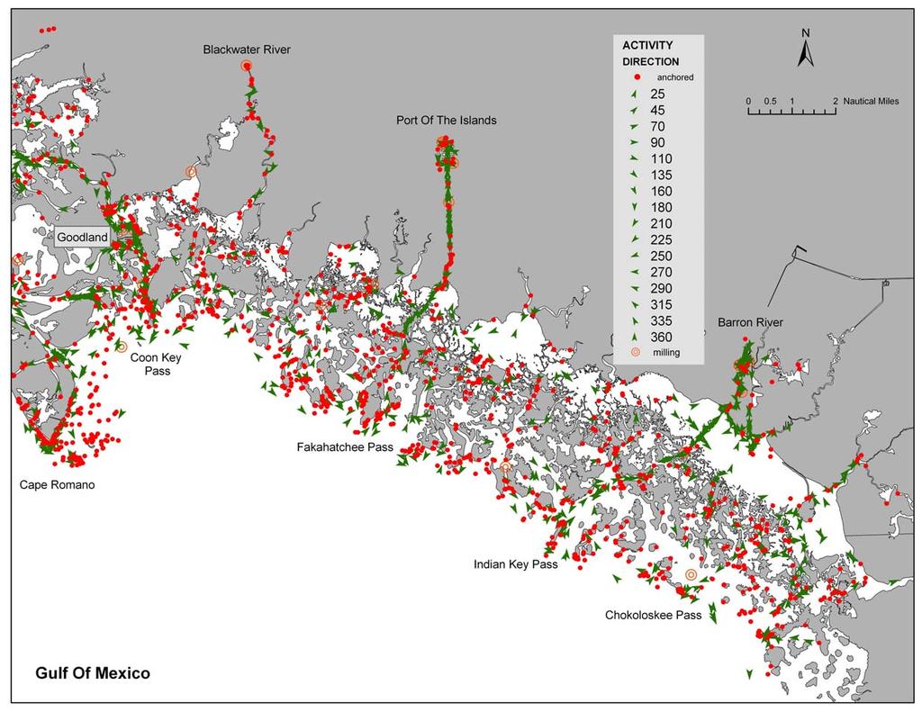 Figure 9. Distribution of moving and stationary vessels through the Ten Thousand Islands area.