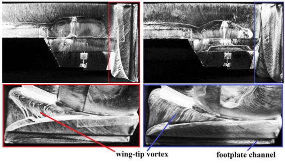 a) b) Figure 9 - Flow visualisation of F1 wing suction-surfaces (top) and inner endplate (bottom) at a) h/c = 0.125 and b) h/c = 0.3125 (Re = 2.