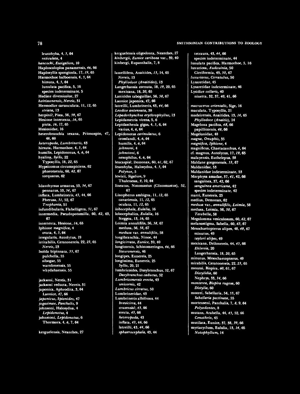 78 SMITHSONIAN CONTRIBUTIONS TO ZOOLOGY leucohyba, 4, 5,64 reticulata, 4 hancocki, Ewigalion, 10 Haploscoloplos panamensis, 46, 66 Haplosyllis spongicola, 17,19, 65 Harmothoe balboensis, 4,5,64