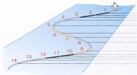 (a) Carving. The direction of the movement is exclusively parallel to the board (b) Skidding. The motion of the snowboard also contains a component of movement to the side Figure 2.