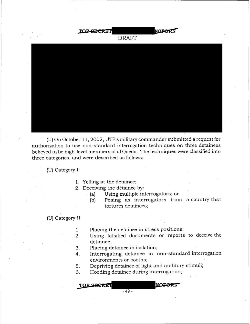 (U) On October 11, 2002, JTF's military commander submitted a request for authorization to use non-standard interrogation techniques on three detainees believed to be high-level members of al Qaeda.