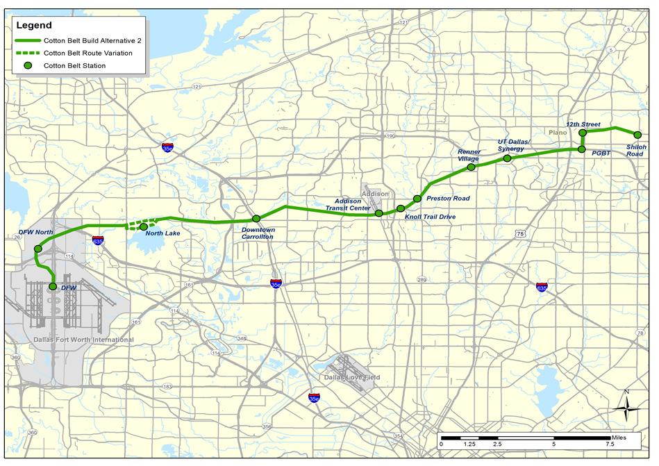 Figure 3.4: Build Alternative Corridor Map Cotton Belt Corridor Regional Rail Project Source: Connetics Transportation Group, June 2013. 3.2 Ridership The two MOS Alternatives (MOS 1 Carrollton to Addison and MOS 2 DFW Airport to Addison) include the following stations.