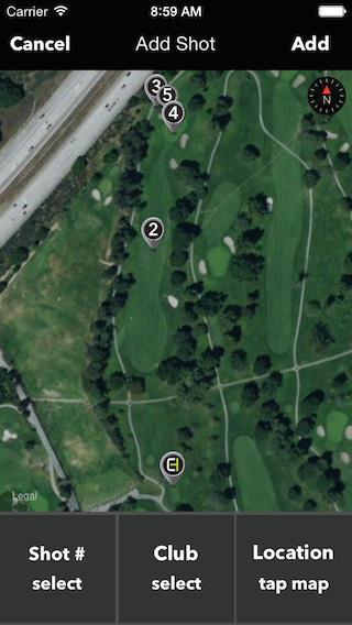 5 Add a Shot Map view of hole and all the shots currently on it. Tap here to select the shot number of the shot being added. Tap tap here to select the club for the shot being added.