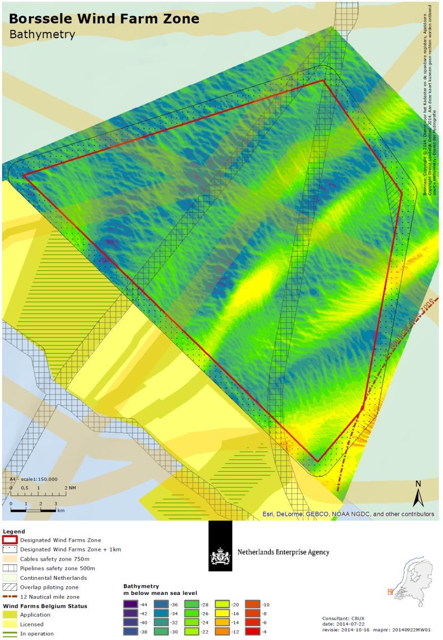 Figure 24: Bathymetry Borssele wind farm zone [24] The sand banks in the North Sea slowly travel north with speeds reaching a maximum of approximately 20 meters a year [23].