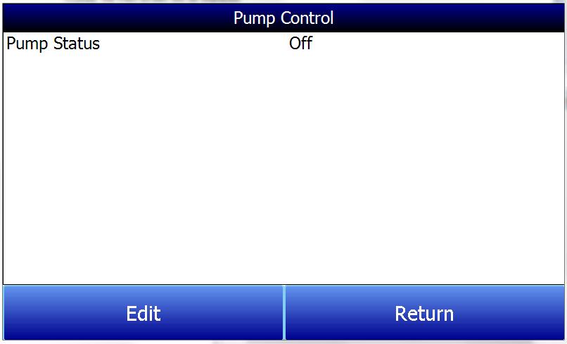 Pump Control The Pump Control screen will identify and allow the modification of the pump status (On or Off).