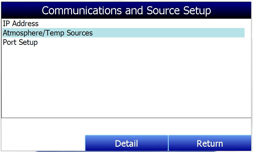 Communications and Source Setup This screen allows the user to view and modify the method of communications between the instrument and external devices.