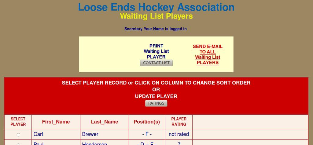 A GUIDE TO THE LOOSE ENDS HOCKEY LEAGUE WEBSITE PAGE 16 THE WAITING LIST Player Ratings: In the past, the team captains have found it helpful to use a rating system to help them maintain the League s