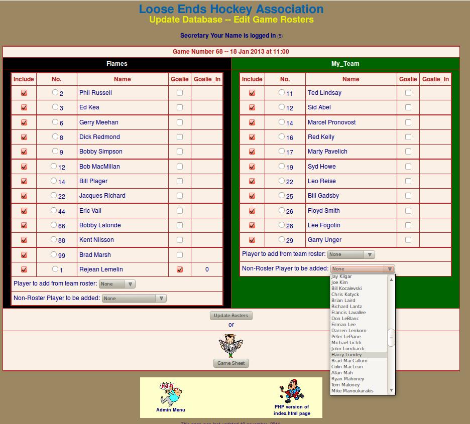 A GUIDE TO THE LOOSE ENDS HOCKEY LEAGUE WEBSITE PAGE 28 RECORDING GAME RESULTS STEP TWO: RECORDING THE TEAM ROSTERS (continued) C) To add to the list for that game a non-team member who played for