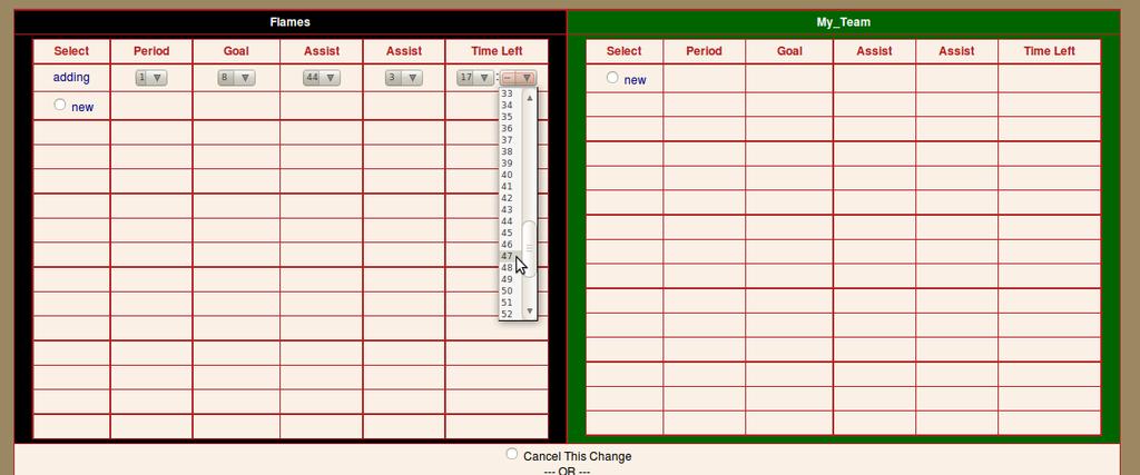 A GUIDE TO THE LOOSE ENDS HOCKEY LEAGUE WEBSITE PAGE 31 RECORDING GAME RESULTS STEP THREE: RECORDING THE GAME EVENTS (continued) To record a game event, the round button beside the label new in the