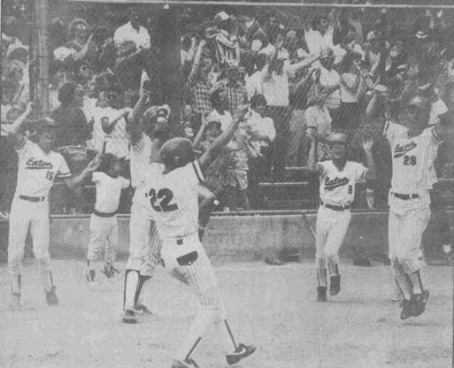 Martin stretches to catch an errant throw at the Reds old home field Sutter tags out a Brush runner in league action Herzberg scores the winning run in the 1985 Regional Championship Cordova catches