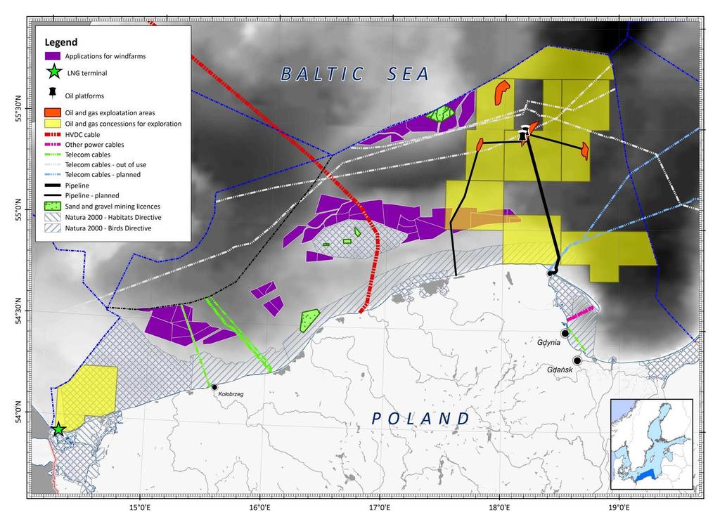 Present and planned the seabed space use in the Polish EEZ - the exploration and exploitation of mineral resources (oil, gas, sand, gravel) and the external connection infrastructure (cables,