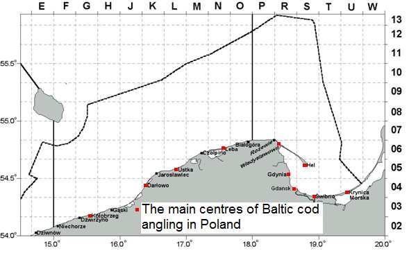 Marine fish angling activities in Poland and planned technical installations of MWF (green circles) Baltic cod angling nearby the Łeba port (photo: K. Radtke).