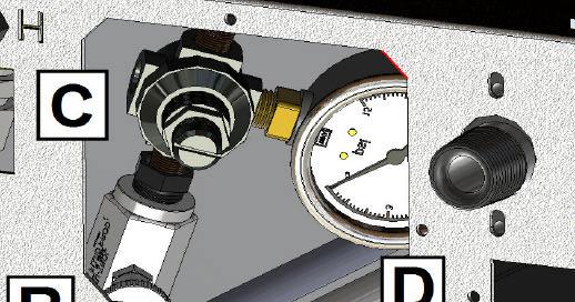 per minute on the cook reheat knob. 2 The components, Needle Valve (B), Regulator (C), and Pressure Gauge (D), are located just inside the rear bottom brace of the unit.