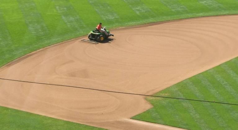 Here the head groundskeeper is doing spiral or overlapping circles