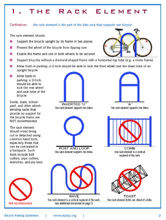 The Pedestrian and Bicycle Information Center describes the basics of bicycle parking as follows: Bicycle parking needs to be visible, accessible, easy to use, convenient, and plentiful.