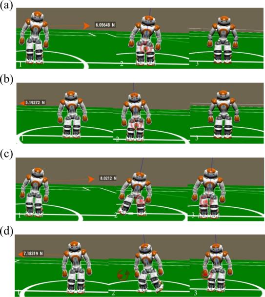 10 International Journal of Advanced Robotic Systems Figure 14. Sequences of robust walking. (a) Lateral disturbance from left hand. (b) Lateral disturbance from right hand. Figure 13.